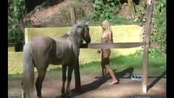 Hot blonde getting freaky with a really freaky horse