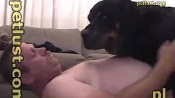 Man feels entire dog cock in his mouth and ass
