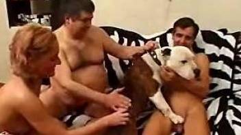 Dog fucking a dude's ass in a bisexual porn video