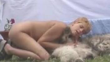 Busty mature in outdoor porn scenes along her dog
