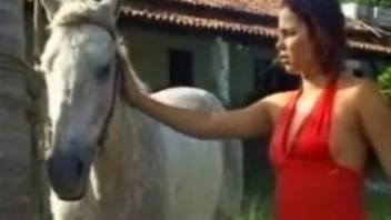 Married girl blows a horse in front of her hubby