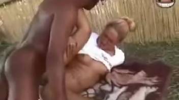 Hot blond woman passed around by her husband in intense outdoor adult action