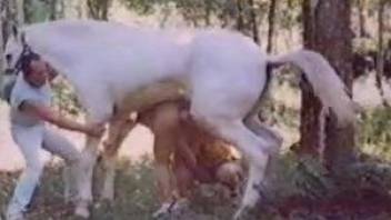 Naked wife forced fucked by a horse when sucking her man's dick