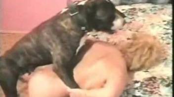 Hairy milf fucked in the ass by her PitBull during a home play