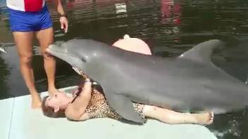 Elderly lady receives a dry hump from an aroused dolphin