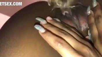 Hot little dog humping a black babe's wet pussy here