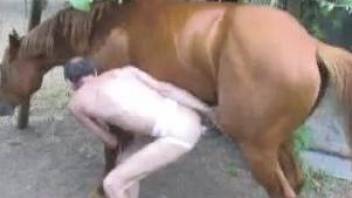 Balding zoophile gets fucked in the ass by a horse